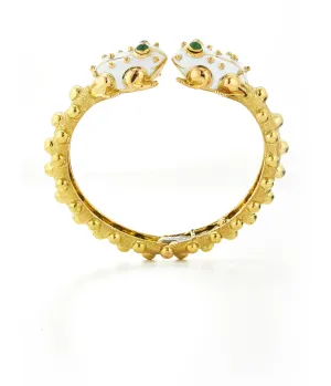 Baby Frog Bangle, White Enamel, Emerald