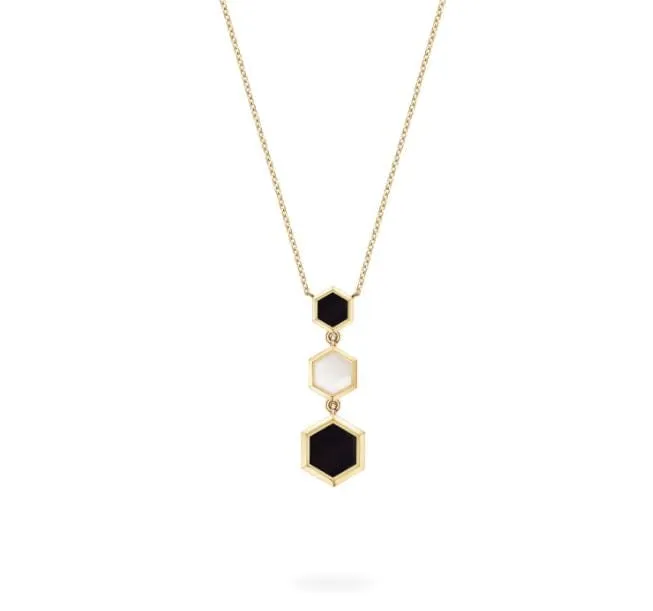 Birks 18K Yellow Gold Bee Chic Onyx and Mother of Pearl Triple Drop Necklace