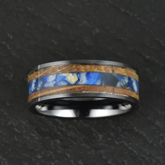 Black Ceramic Whiskey Barrel Brown Mammoth Fossil Men's Wedding Band 8MM
