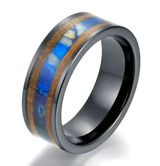Black Ceramic Whiskey Barrel Brown Mammoth Fossil Men's Wedding Band 8MM