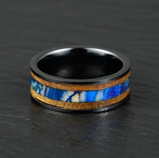Black Ceramic Whiskey Barrel Brown Mammoth Fossil Men's Wedding Band 8MM
