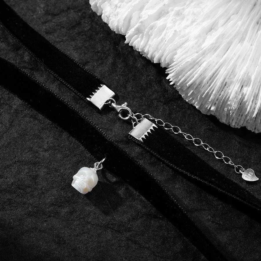 Black Velvet Pearl Skull Choker Necklace
