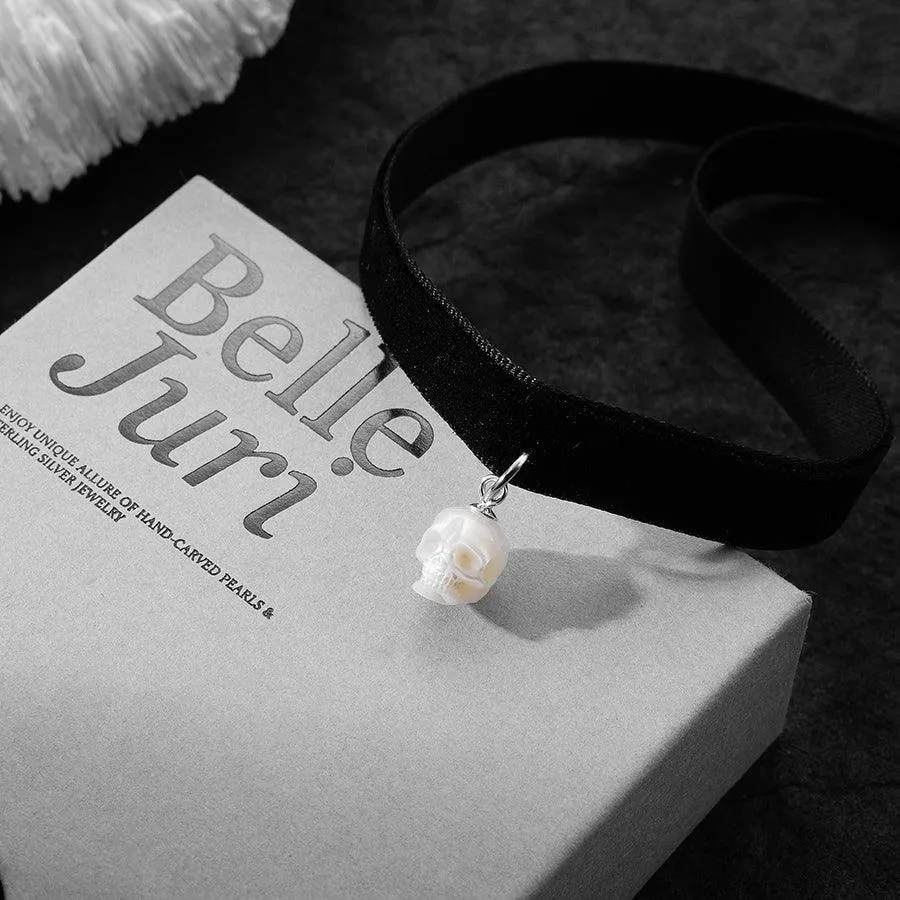 Black Velvet Pearl Skull Choker Necklace