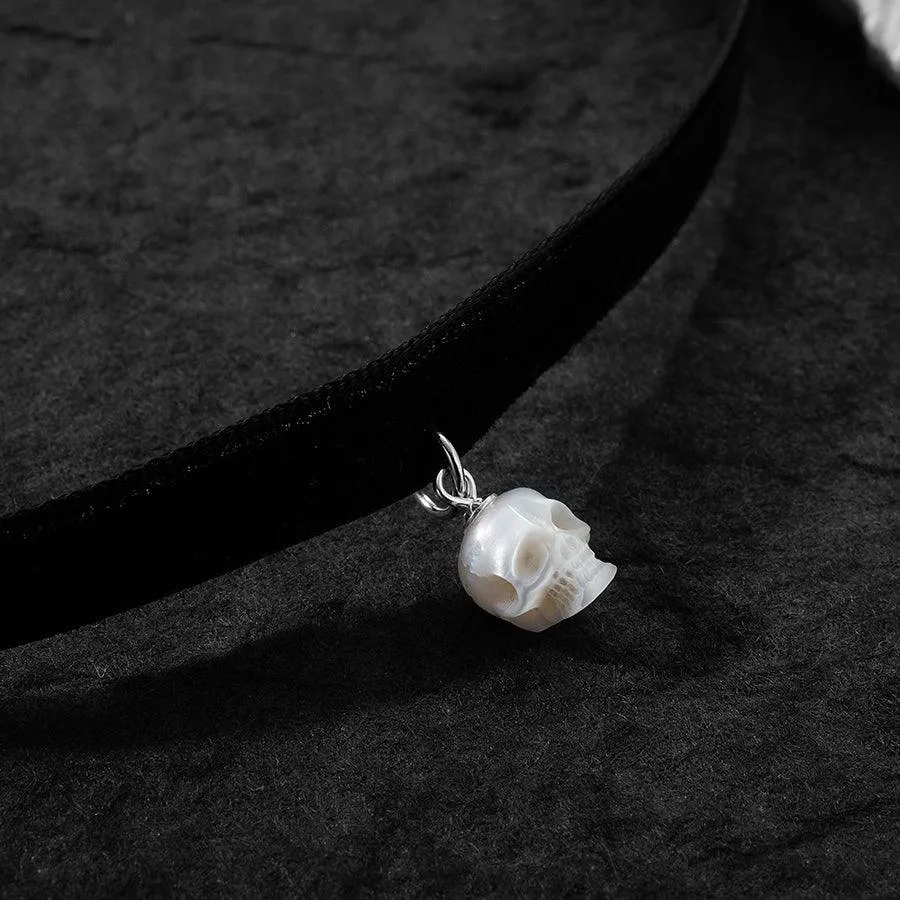Black Velvet Pearl Skull Choker Necklace