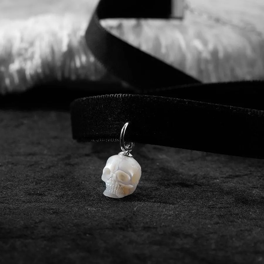 Black Velvet Pearl Skull Choker Necklace