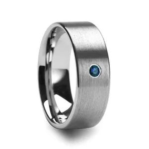 Blue Diamond Silver Tungsten Wedding Ring Flat Brushed with 1 Diamond 6mm & 8mm