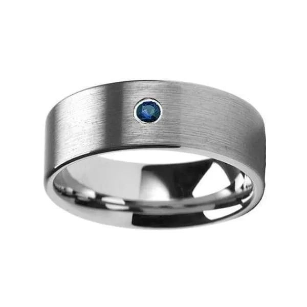 Blue Diamond Silver Tungsten Wedding Ring Flat Brushed with 1 Diamond 6mm & 8mm