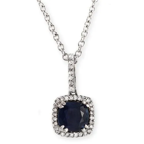 Blue Sapphire And Diamond on a Halo Design Pendant Necklace, 18k White Gold
