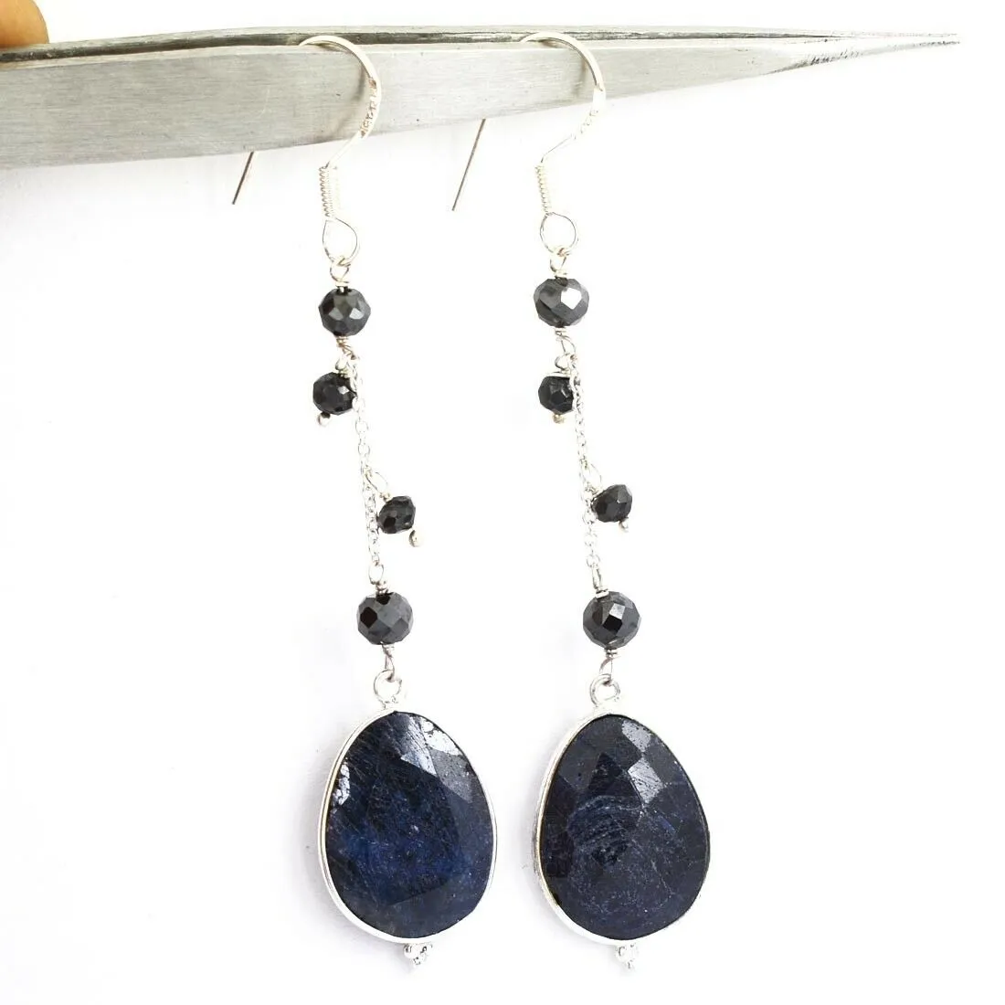 Blue Sapphire Gemstone with Black Diamond 925 Silver Dangler Earrings