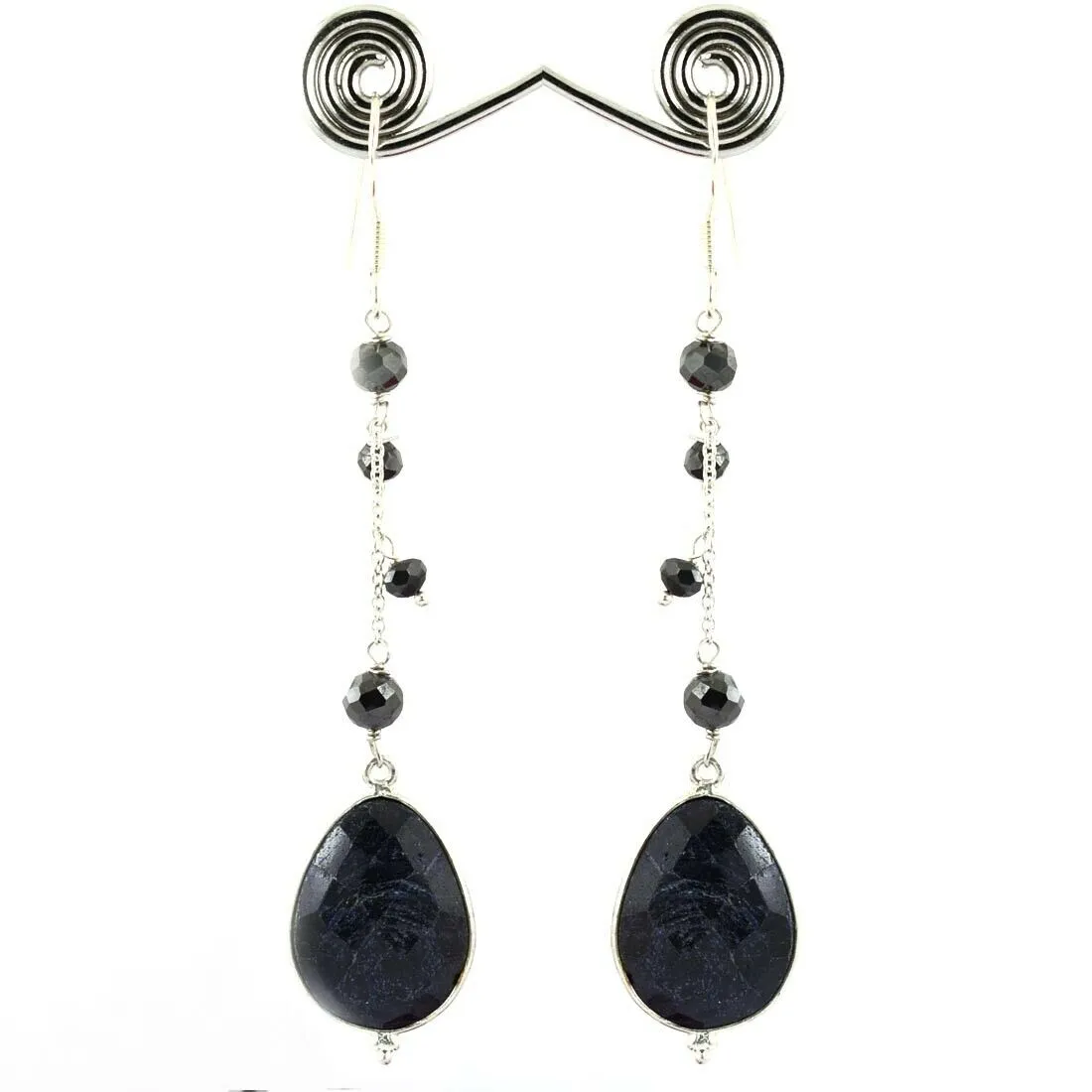 Blue Sapphire Gemstone with Black Diamond 925 Silver Dangler Earrings