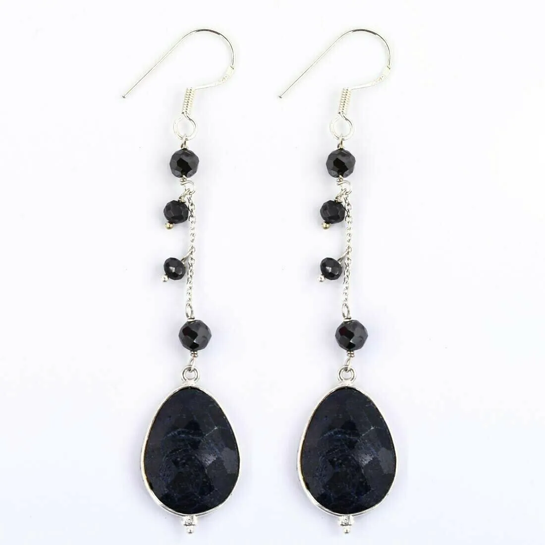 Blue Sapphire Gemstone with Black Diamond 925 Silver Dangler Earrings
