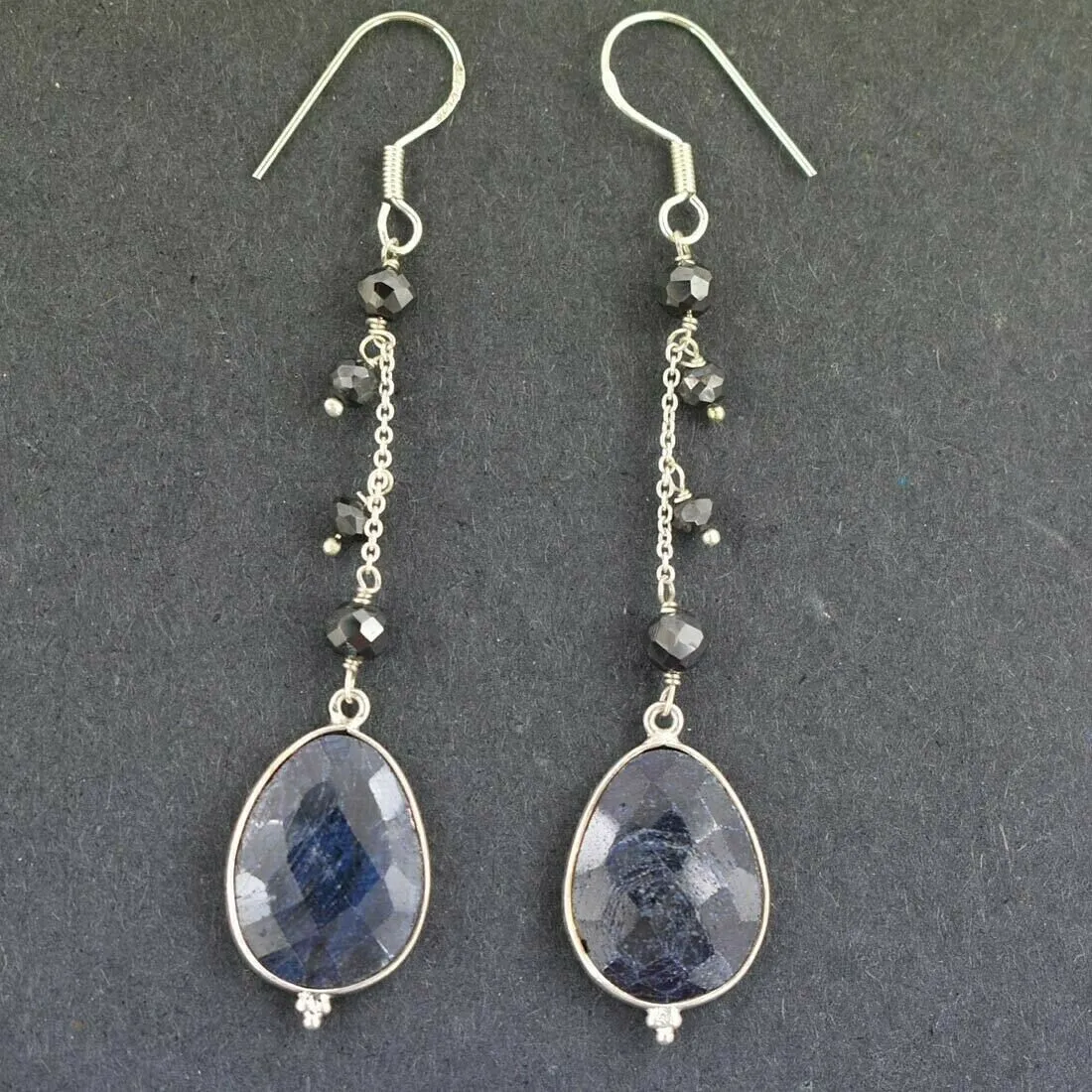 Blue Sapphire Gemstone with Black Diamond 925 Silver Dangler Earrings