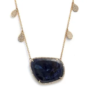 Blue Sapphire Slice Pendant Necklace with Four Pave Set Diamond Charms, 14k Yellow Gold