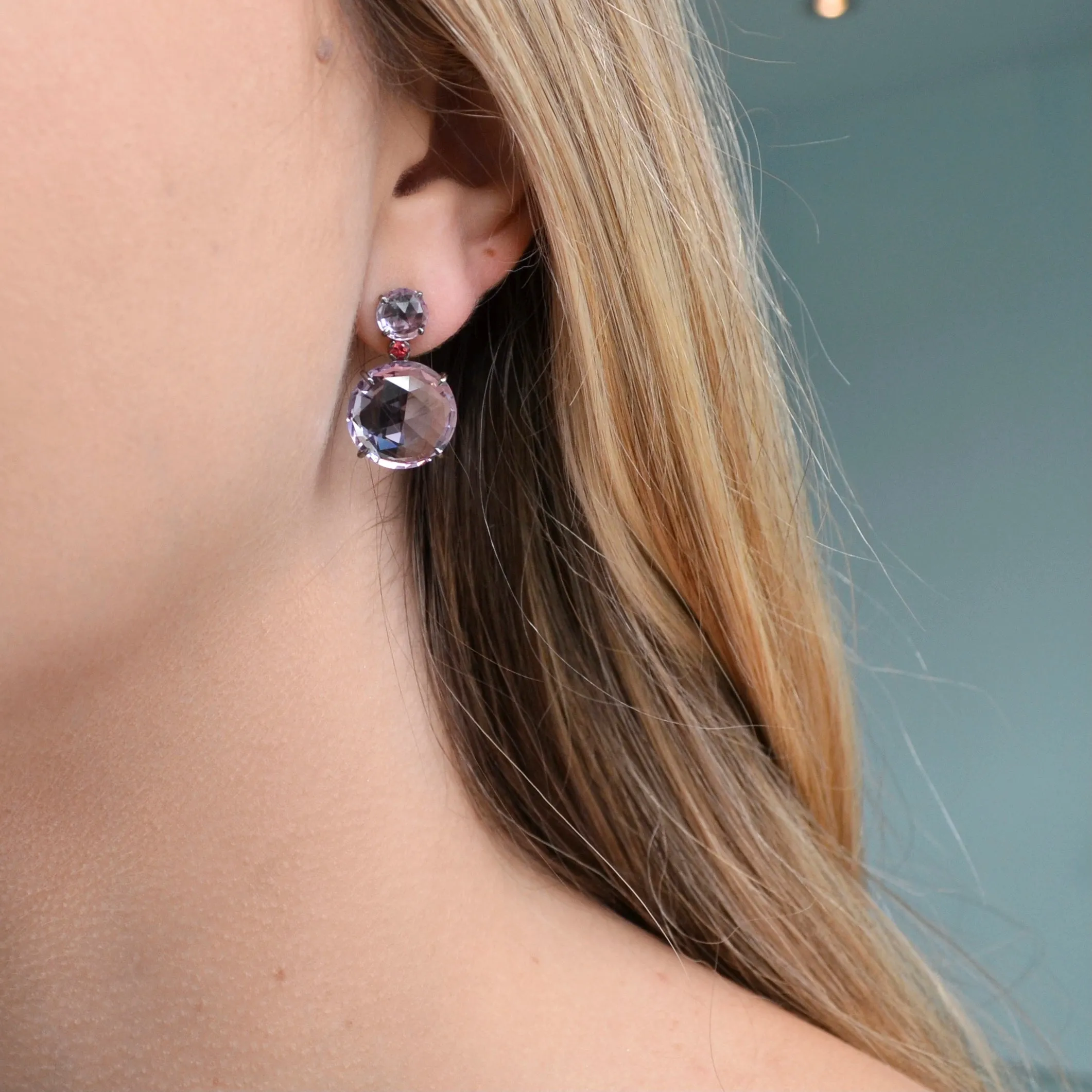 Bouquet - Drop Earrings with Rose de France and Orange Sapphires, Blackened Silver
