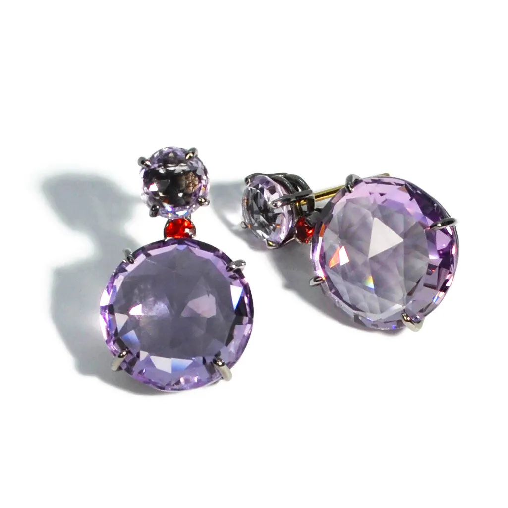 Bouquet - Drop Earrings with Rose de France and Orange Sapphires, Blackened Silver