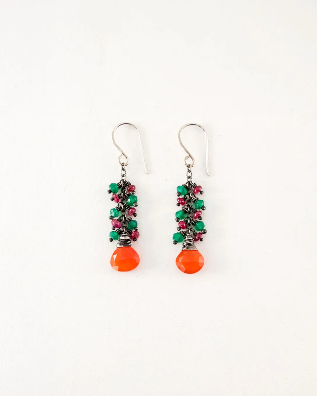 Carnelian, ruby, emerald green onyx earrings | Silver earrings
