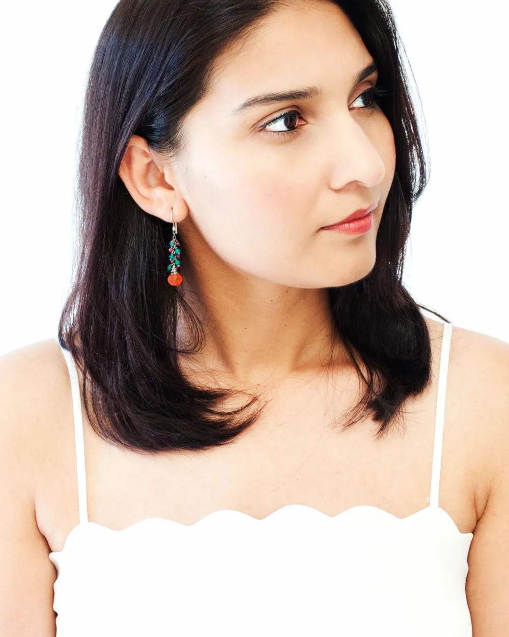 Carnelian, ruby, emerald green onyx earrings | Silver earrings