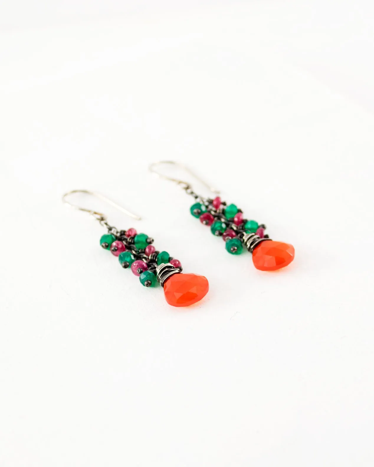 Carnelian, ruby, emerald green onyx earrings | Silver earrings