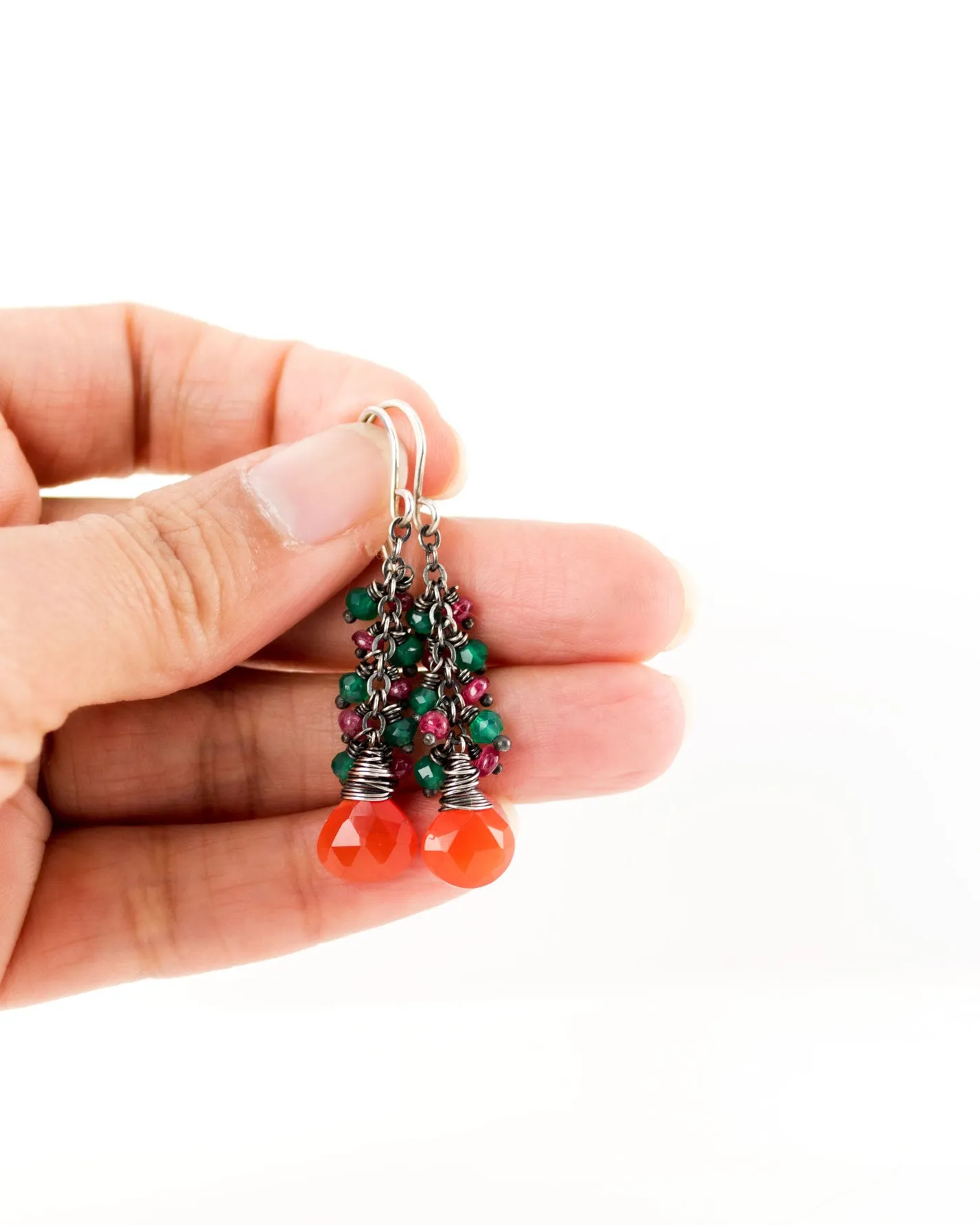 Carnelian, ruby, emerald green onyx earrings | Silver earrings
