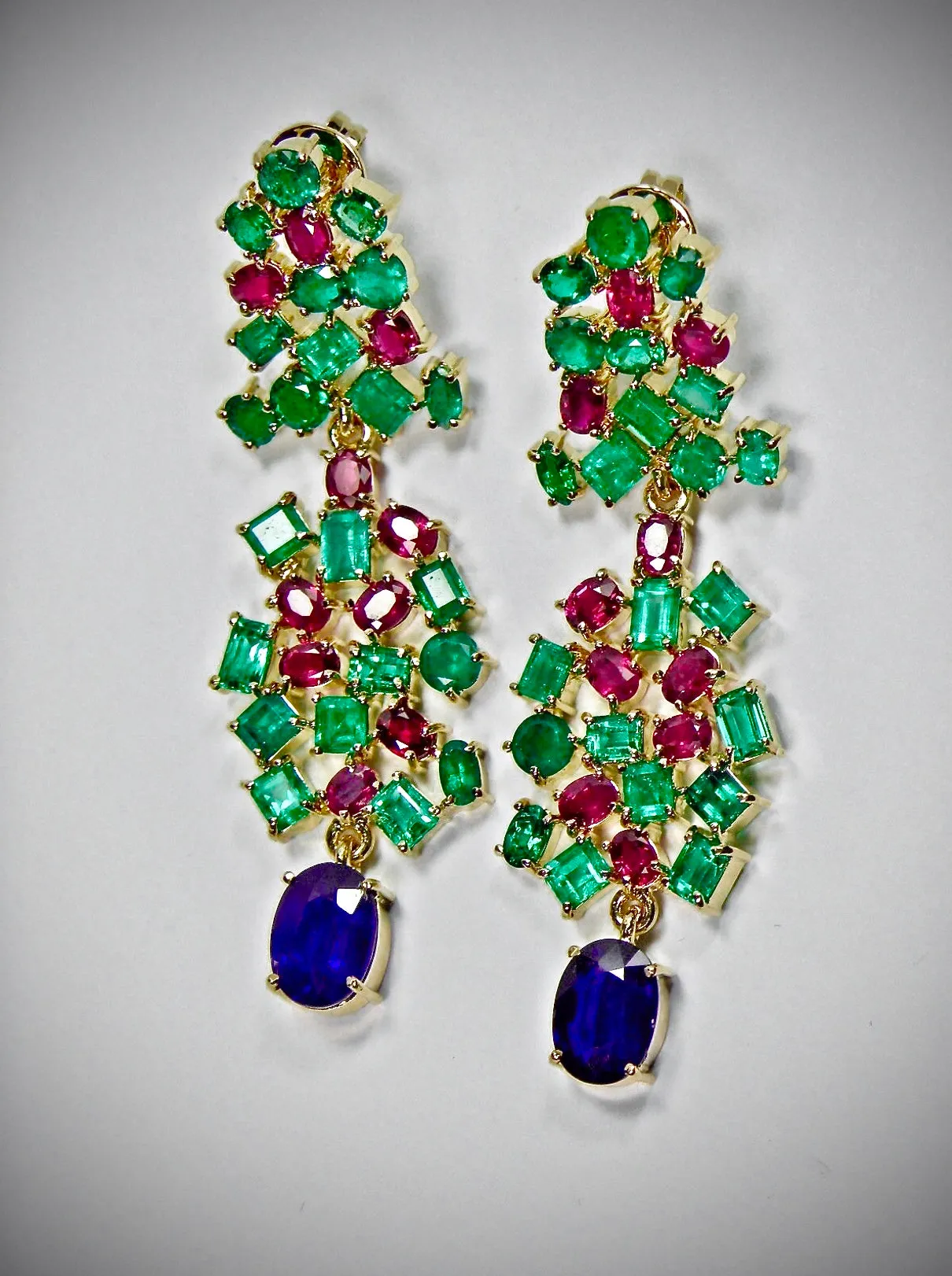 Chandeliers Tutti Frutti Burma Sapphire, Ruby and Colombia Emerald earrings