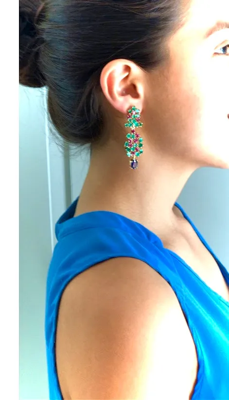 Chandeliers Tutti Frutti Burma Sapphire, Ruby and Colombia Emerald earrings