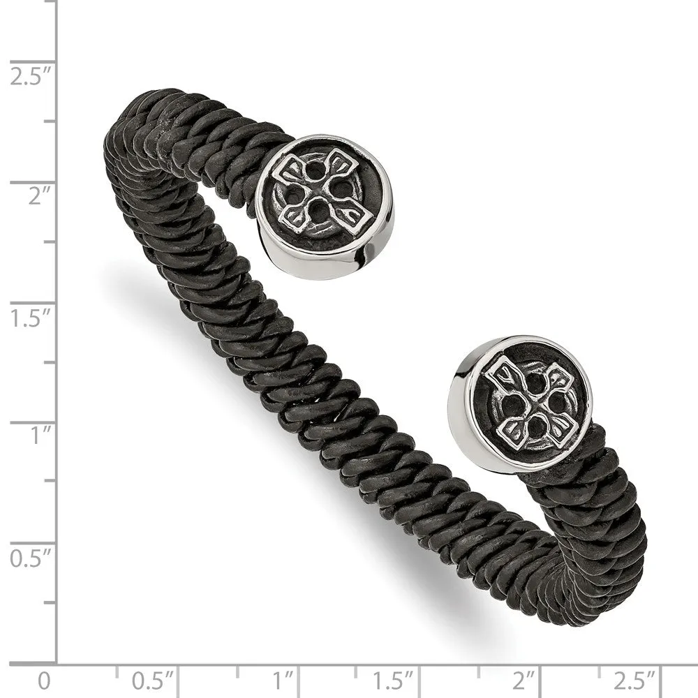 Chisel Stainless Steel Antiqued and Polished Black Leather Celtic Cross Cuff Bangle