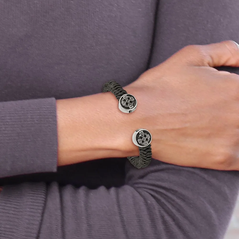Chisel Stainless Steel Antiqued and Polished Black Leather Celtic Cross Cuff Bangle