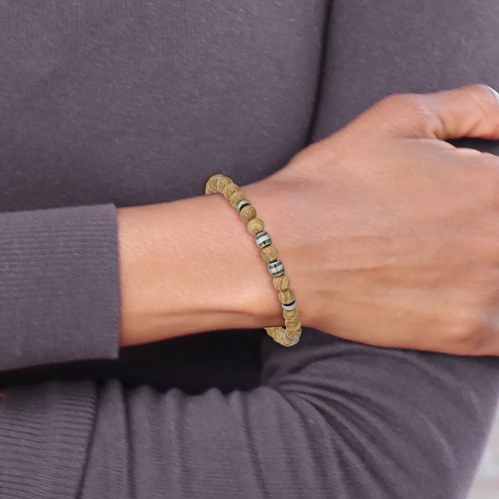 Chisel Stainless Steel Antiqued White Bronze Plated with Grain Stone Beads 8 inch Bracelet with 1 inch Extension