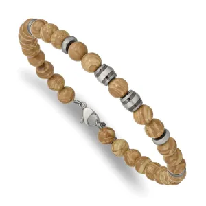 Chisel Stainless Steel Antiqued White Bronze Plated with Grain Stone Beads 8 inch Bracelet with 1 inch Extension