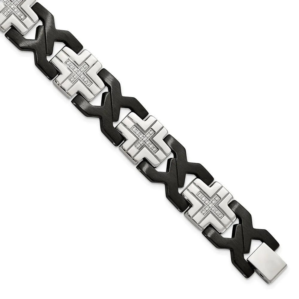 Chisel Stainless Steel Brushed and Polished Black IP-plated with CZ 8.25 inch Cross Link Bracelet