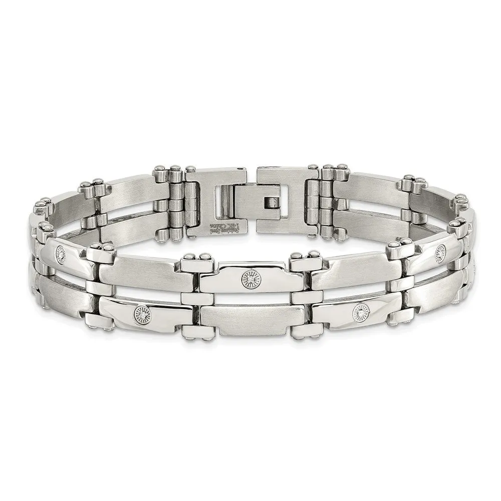 Chisel Stainless Steel Brushed and Polished with Rhodium-plated 14k White Gold and 1/20 carat Diamond 8.5 inch Bracelet