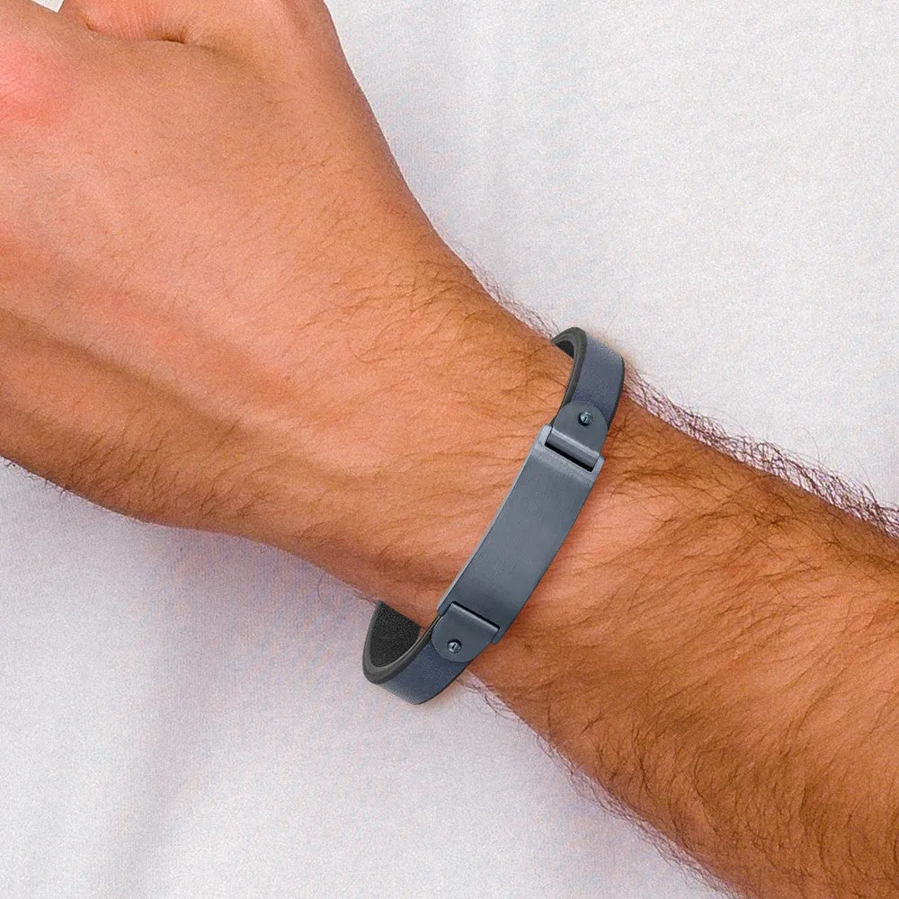 Chisel Stainless Steel Brushed Dark Grey IP-plated Blue Leather 8.5 inch ID Bracelet