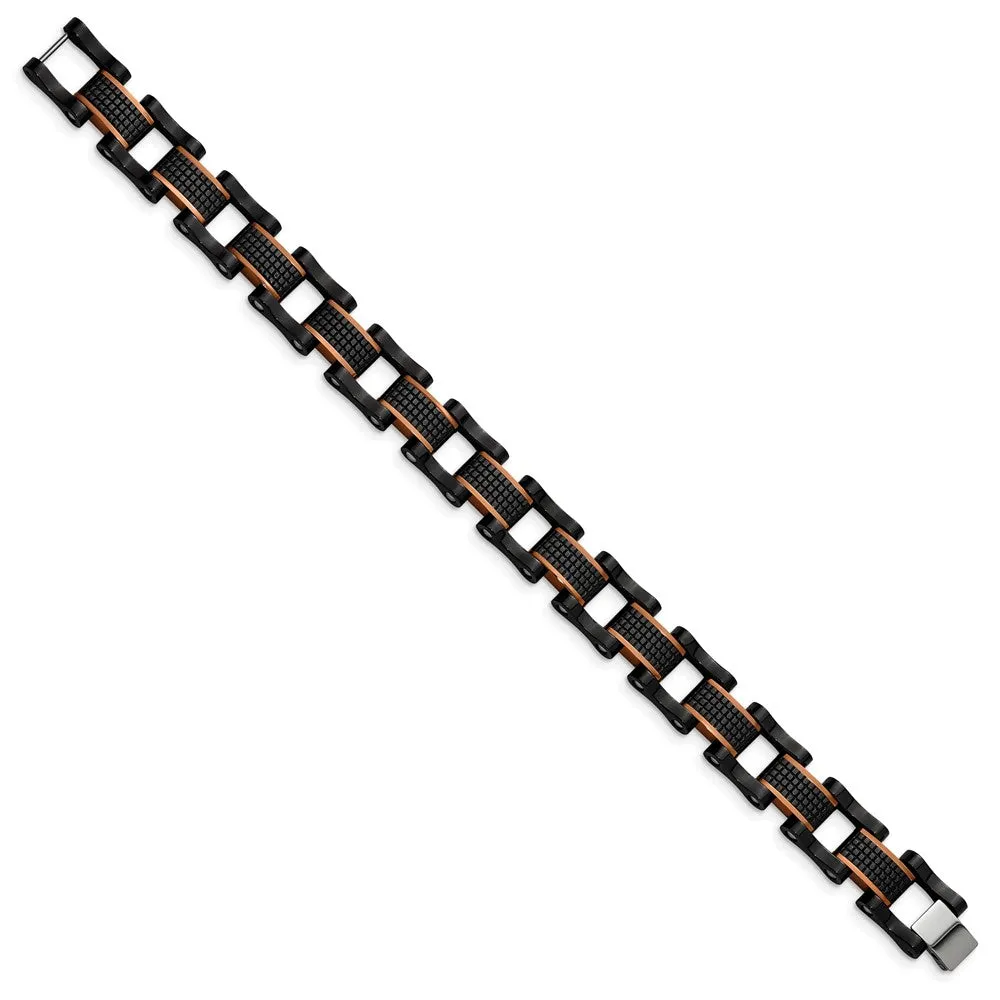 Chisel Stainless Steel Polished and Textured Black and Brown IP-plated 8.25 inch Open Link Bracelet