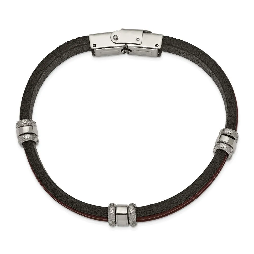 Chisel Stainless Steel Polished Black and Brown Leather 8.25 inch Bracelet