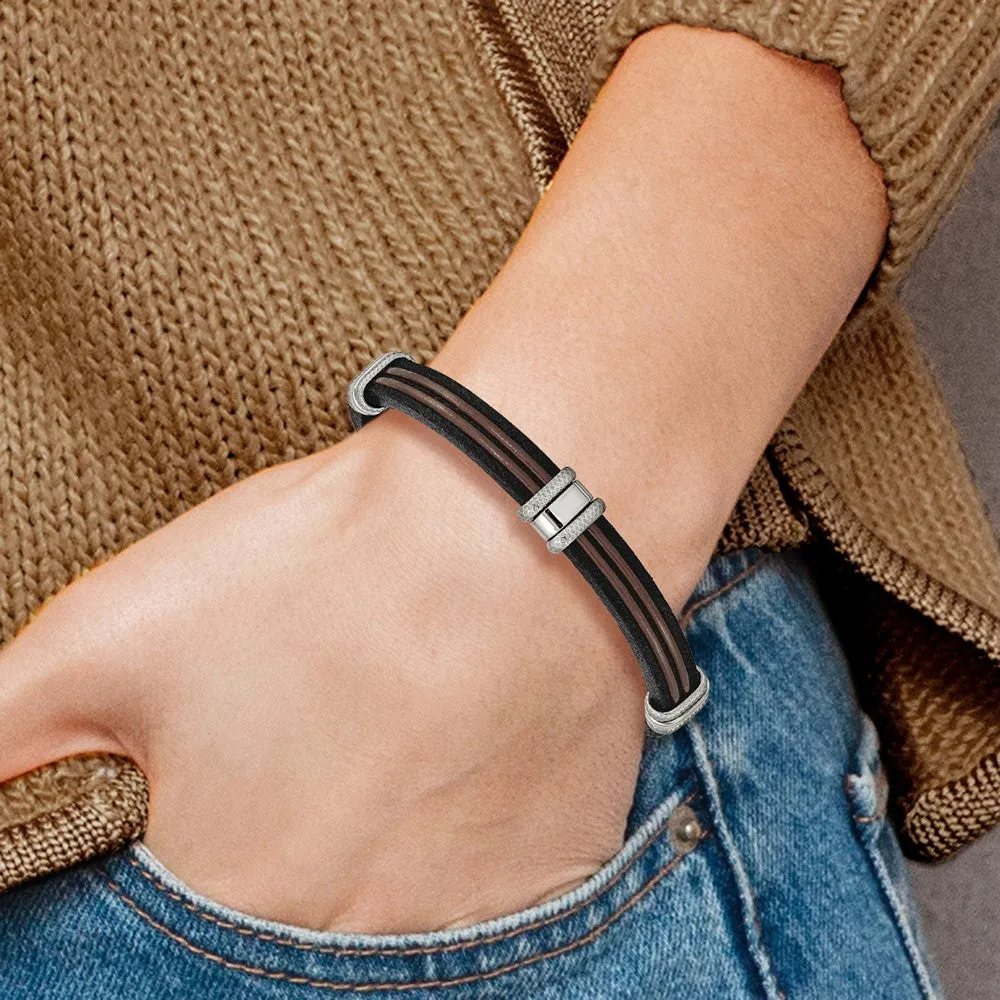 Chisel Stainless Steel Polished Black and Brown Leather 8.25 inch Bracelet