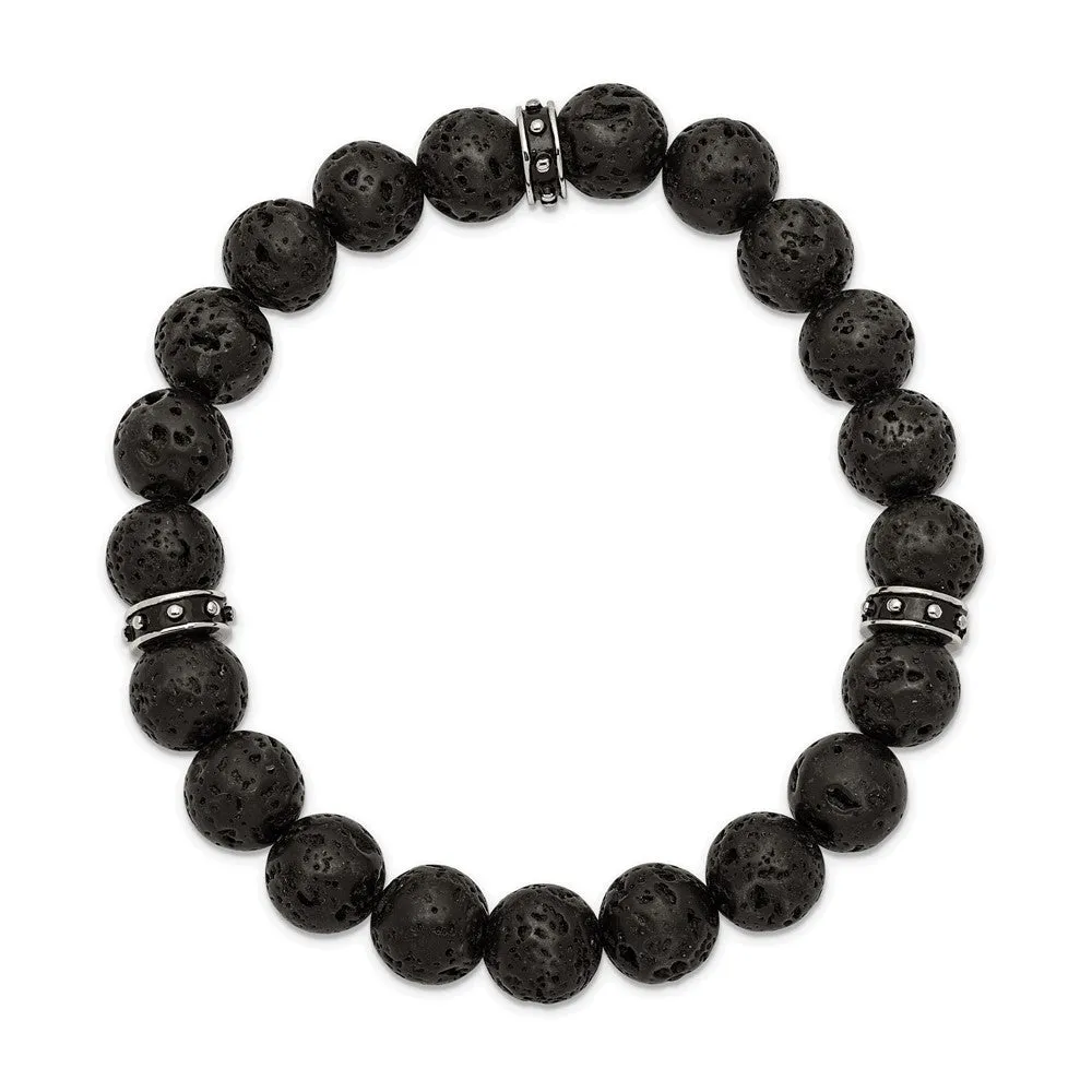 Chisel Stainless Steel Polished Black Enamel 10.5mm Lava Stone Beaded Stretch Bracelet
