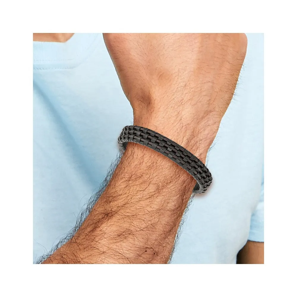 Chisel Stainless Steel Polished Black IP-plated Black and Brown Leather 8.25 inch Bracelet