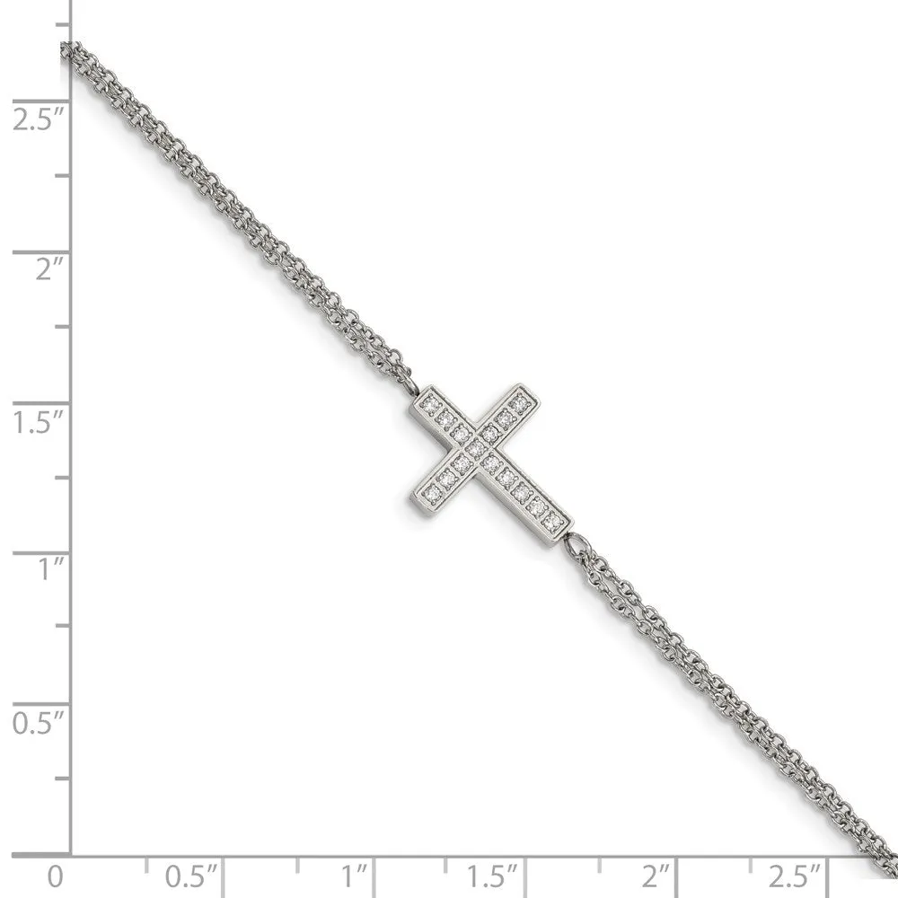 Chisel Stainless Steel Polished CZ Sideways Cross 6.25 inch Bracelet with 2 inch Extension