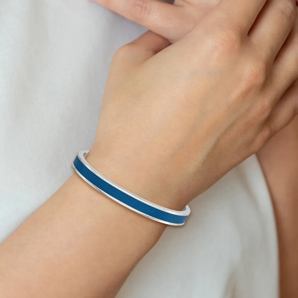 Chisel Stainless Steel Polished with Blue Leather Inlay 8mm Cuff Bangle