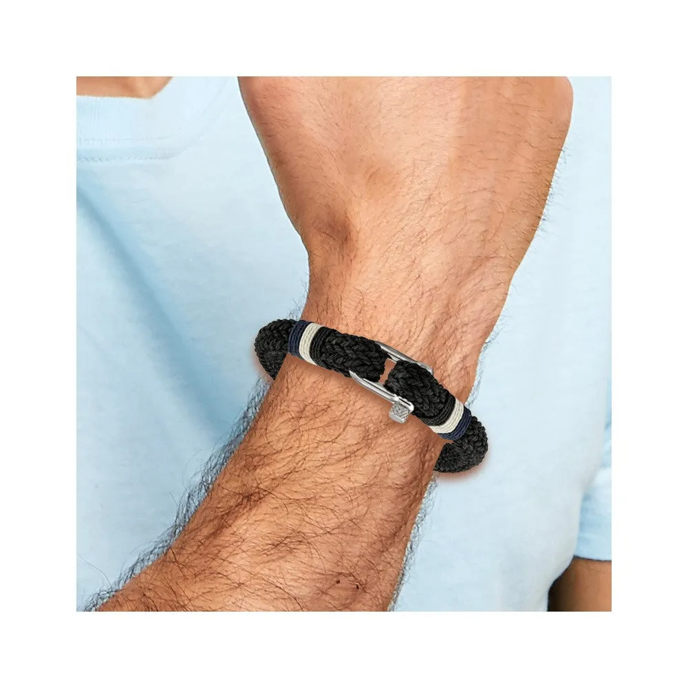 Chisel Stainless Steel Polished Woven Black Cotton 8.5 inch Bracelet