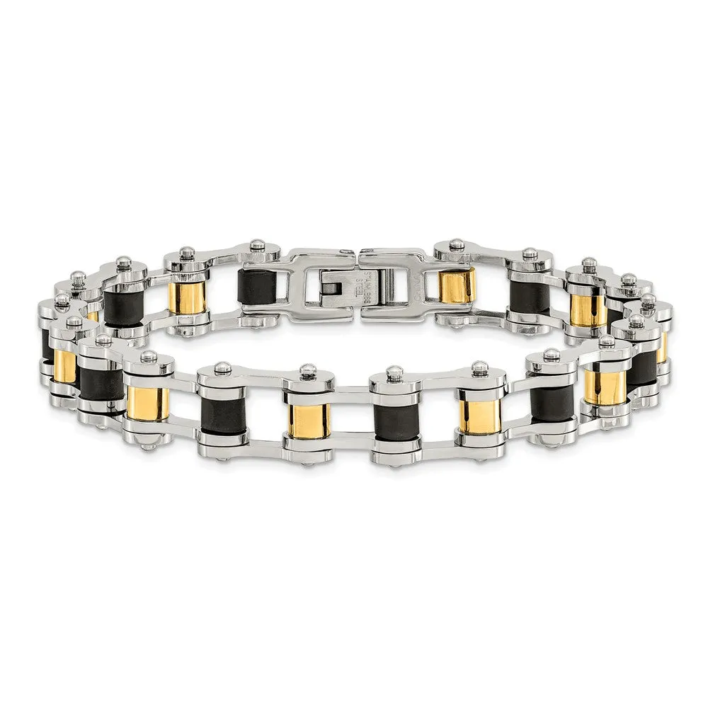 Chisel Stainless Steel Polished Yellow IP-plated with Black Rubber 8.75 inch Bracelet