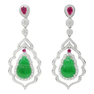 Contemporary 2.69 CTW Diamond Ruby Jade 18 Karat Two-Tone Gold Drop Earrings