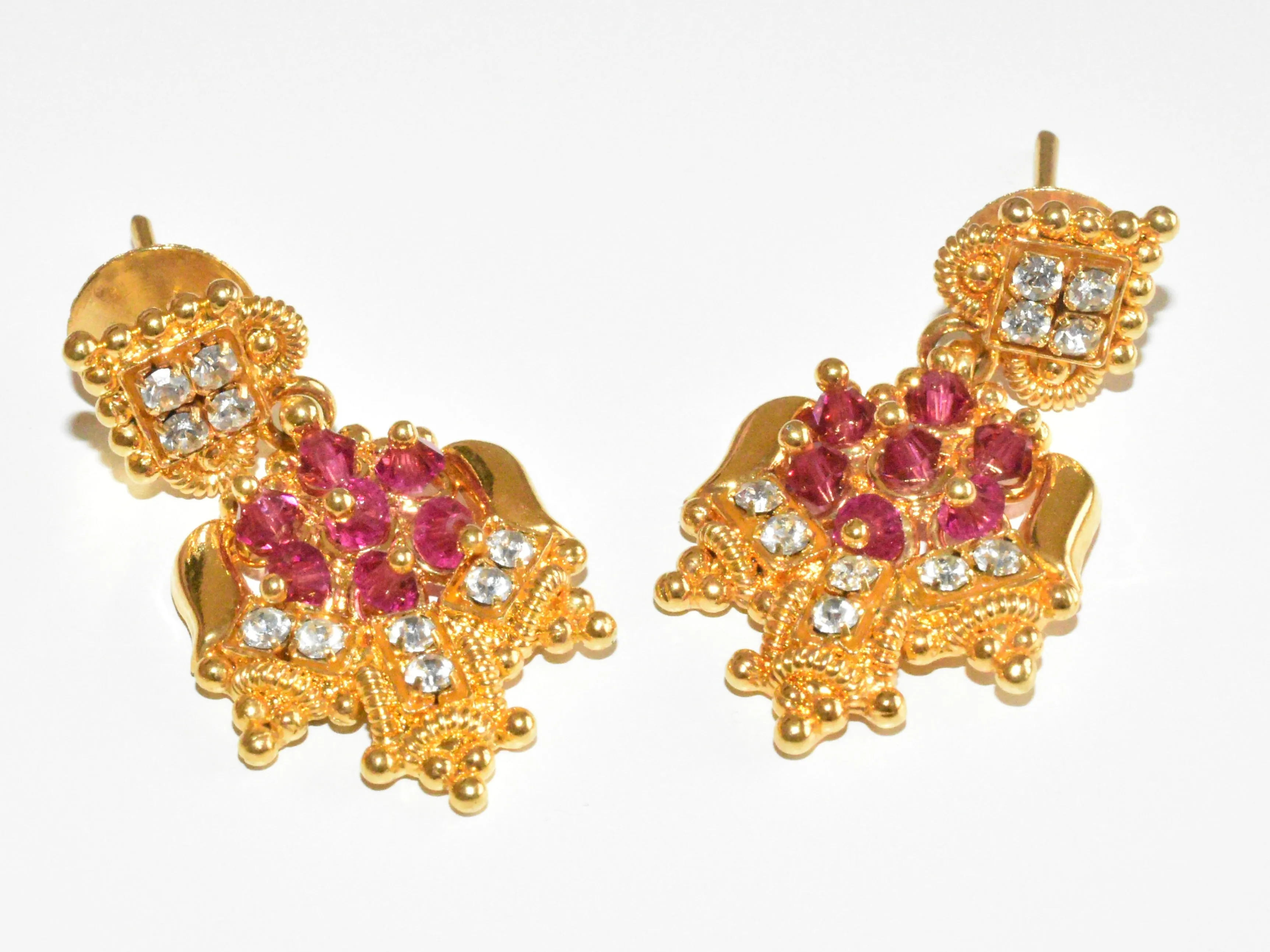 Costume Jewellery Necklace & Earrings Set Gold Tone Red & Clear Stones