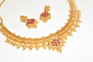 Costume Jewellery Necklace & Earrings Set Gold Tone Red & Clear Stones