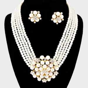 Cream Pearl Cluster Bridal Necklace with Clip On Earrings  | 102780