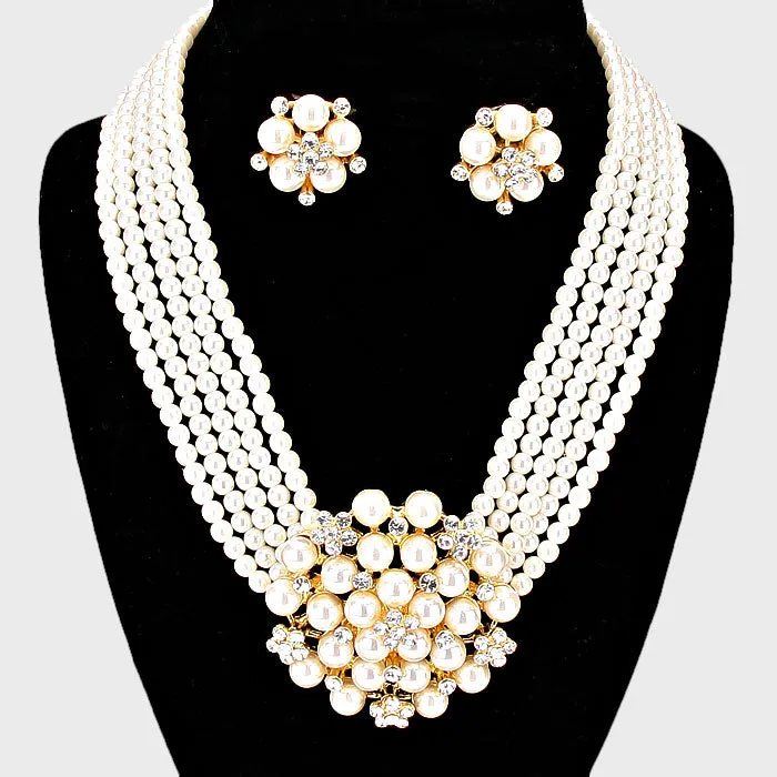 Cream Pearl Cluster Bridal Necklace with Clip On Earrings  | 102780