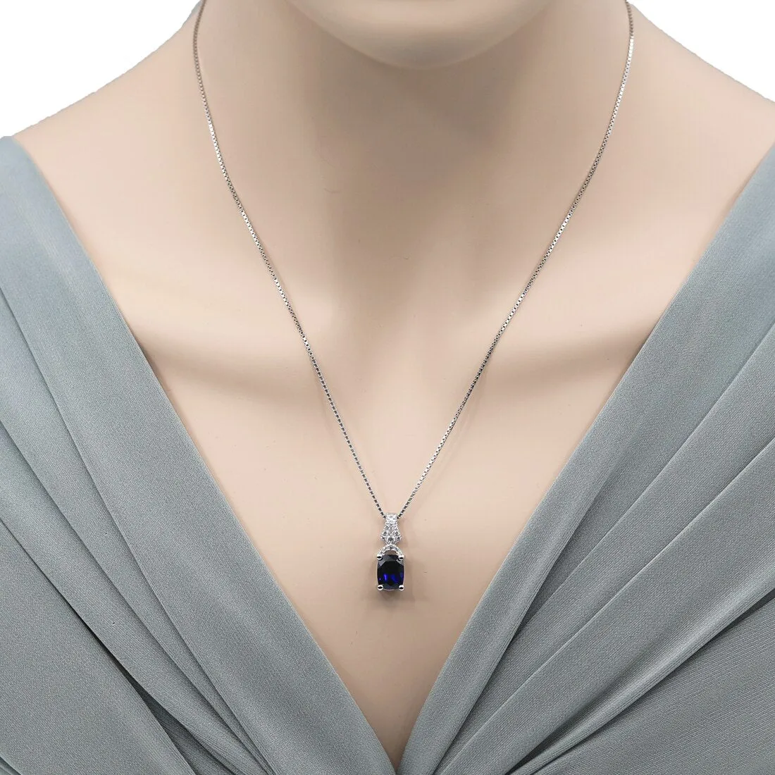 Created Blue Sapphire Sterling Silver Ritzy Pendant Necklace 2.75 Carats