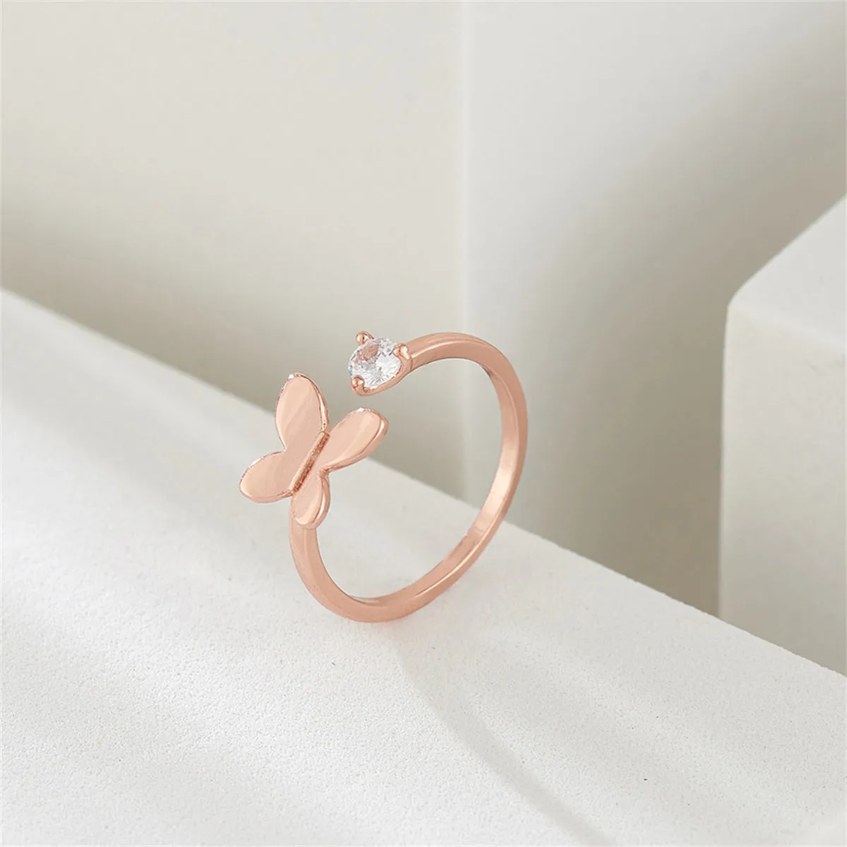 Cubic Zirconia & 18K Rose Gold-Plated Butterfly Bypass Ring