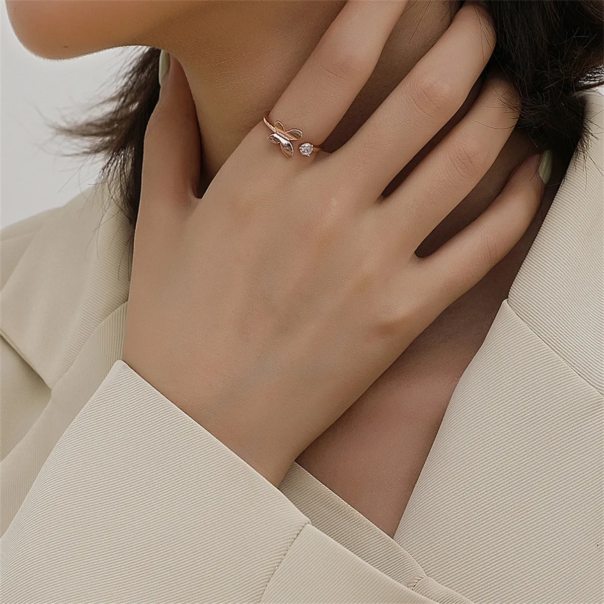 Cubic Zirconia & 18K Rose Gold-Plated Butterfly Bypass Ring