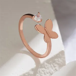 Cubic Zirconia & 18K Rose Gold-Plated Butterfly Bypass Ring